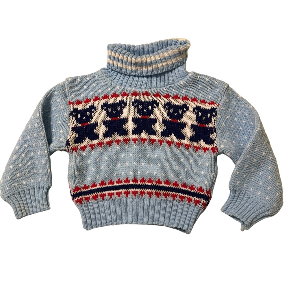 Vintage Baby Infant Turtleneck Sweater Bears 0-12 months Light Blue White Red